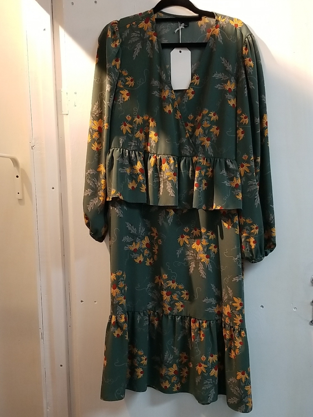 Monki Green Floral Tiered Midi Dress with Yellow Flower Print